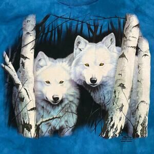 Vintage 1989 The Mountain Wolf Graphic Tee 3XL Blue Tie Dye USA Made Organic